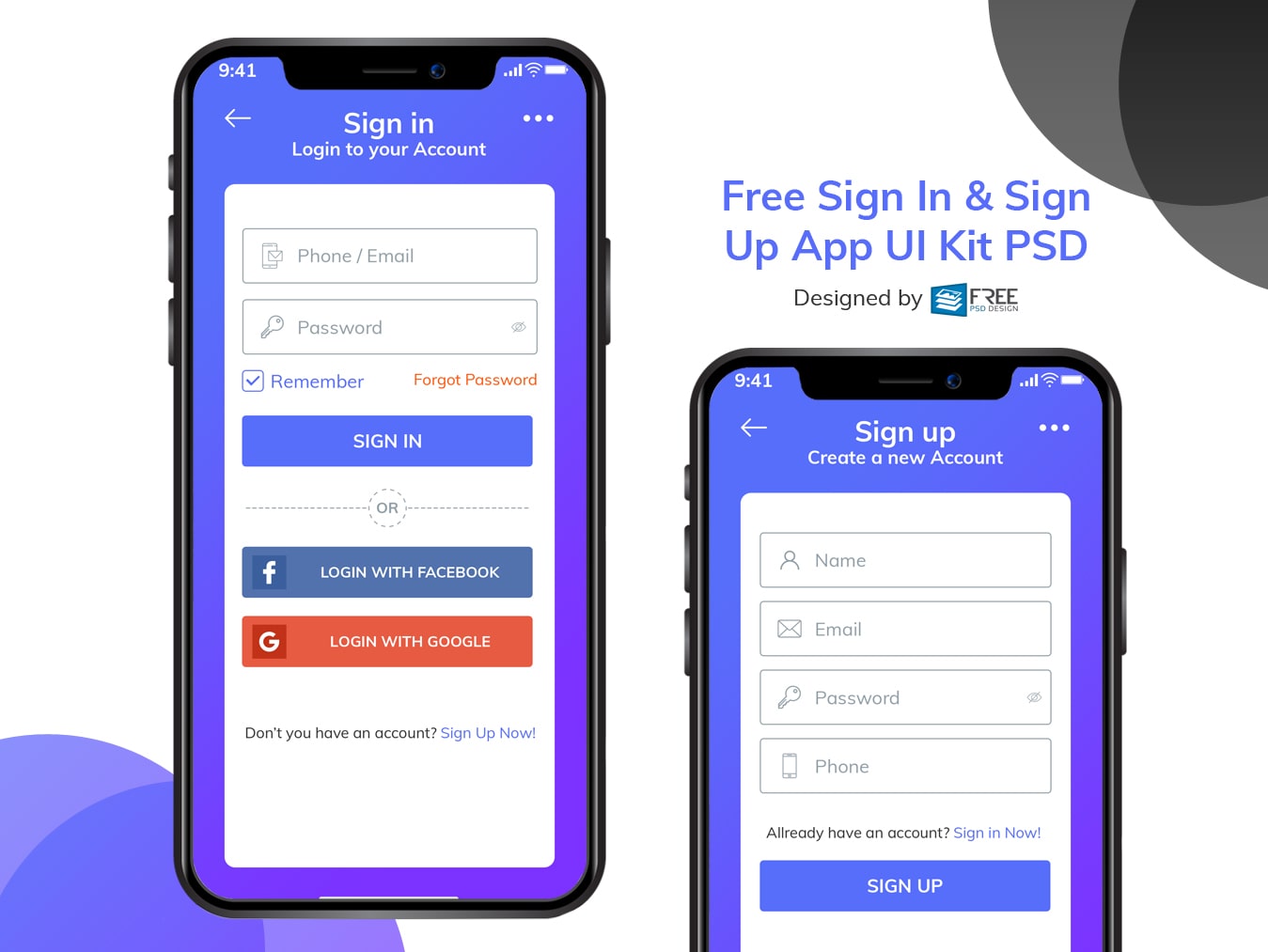 Free Sign In & Sign Up App UI Kit PSD